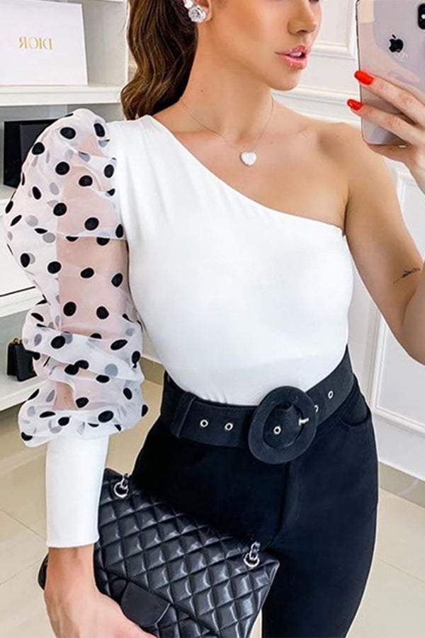 Oblique Collar Polka Dot Puff Sleeve T-Shirt