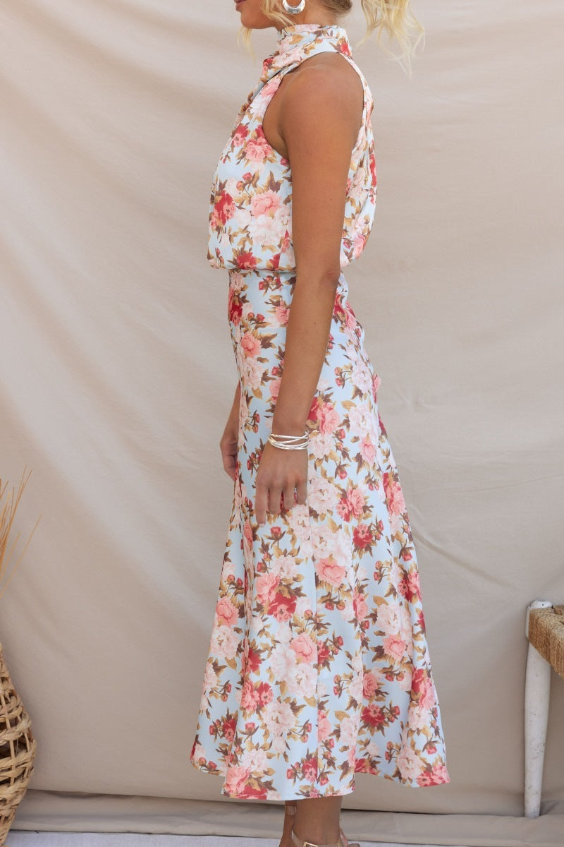 Wine Country Dates Floral Halter Neck Elastic Waist Maxi Dress