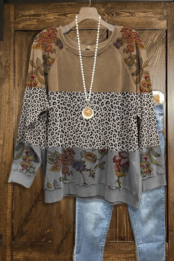 Casual Floral Print Panelled Leopard Sweatshirt