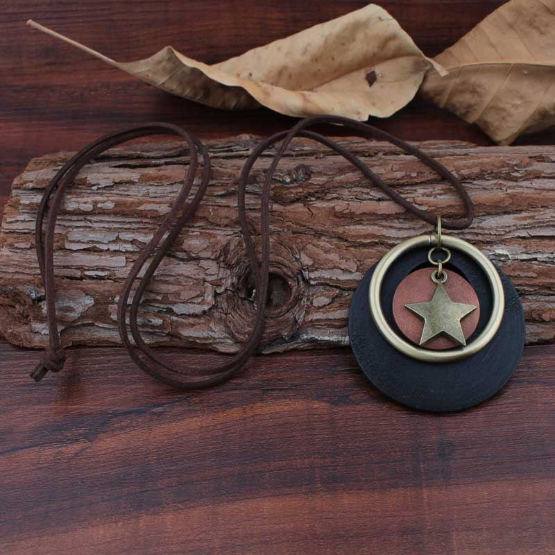 star wood pendant necklace sweater chain