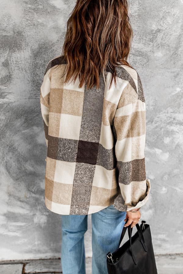 Plaid Color Block Buttoned Long Sleeve Jacket with Pocket