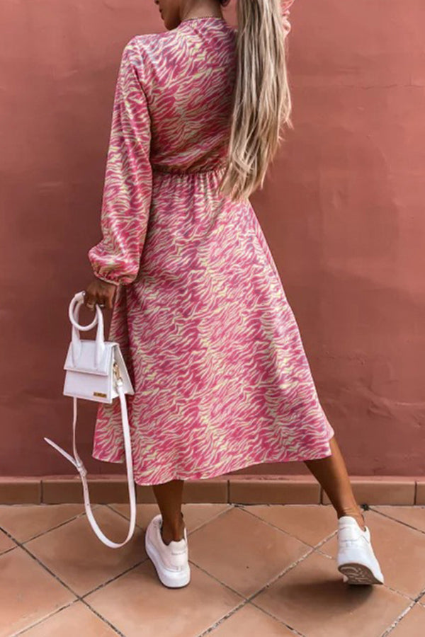 Printed Long Sleeve Loose Casual Slit Midi Dress