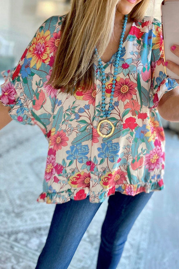 Romantic Floral Comfort Top - Ruffle Sleeves