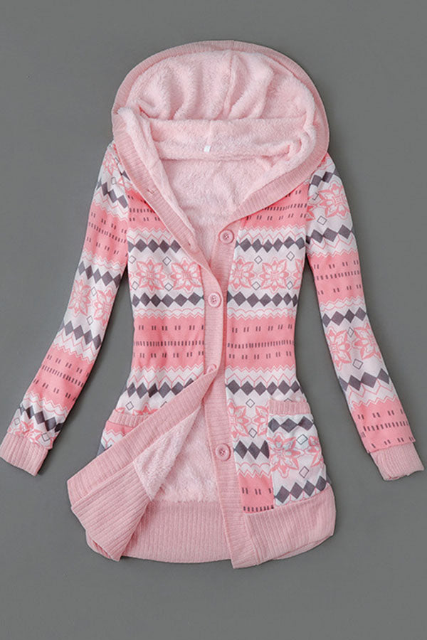 Printed Hooded Fleece-Lined Sweater Jacket