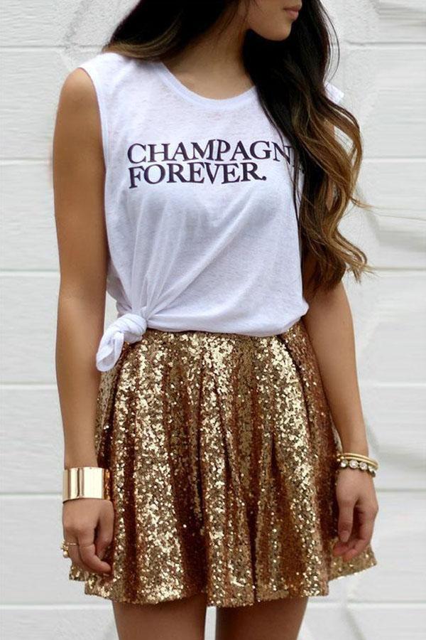 Gold Sequined Bust Pleated Skirt