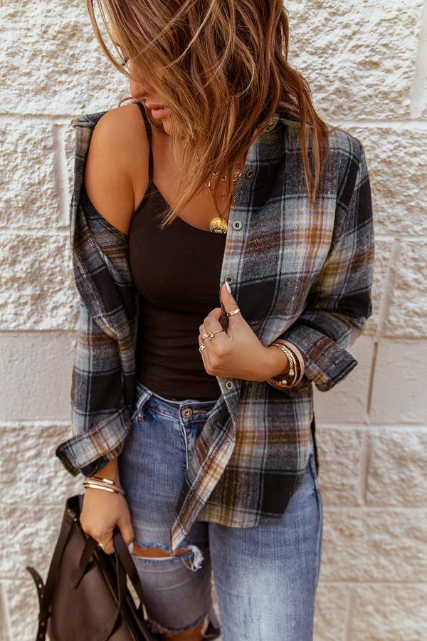 Oversize Rounded Hem Plaid Shirt with Slits