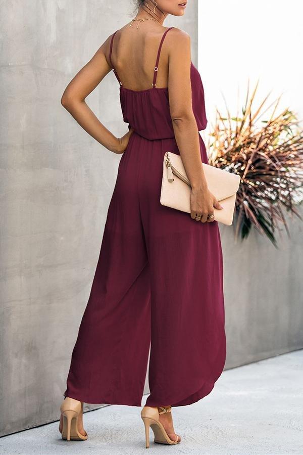 Fashion V-neck Suspender Wide-leg Slit Jumpsuit (With Belt)