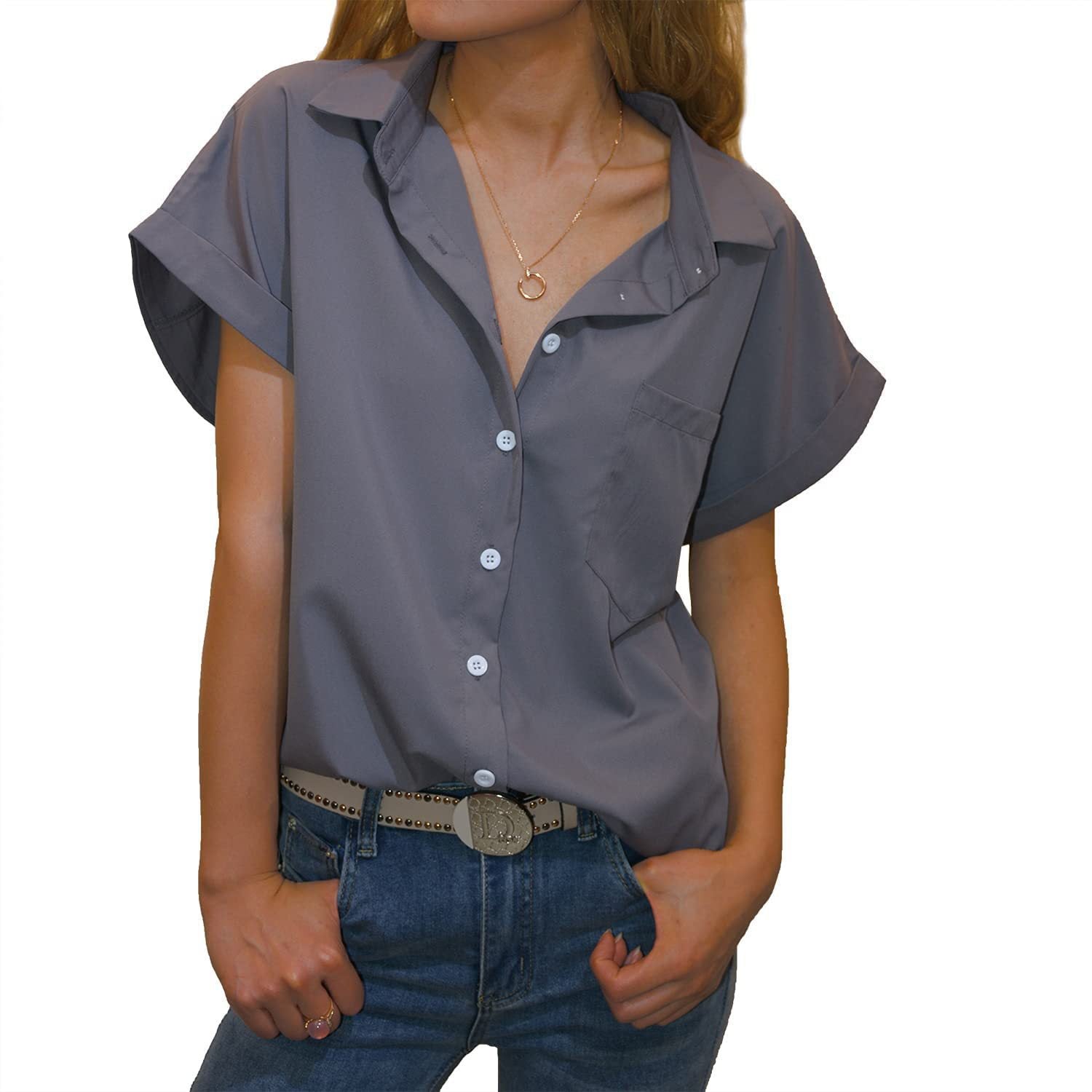 Women's Short-sleeved T-shirt V-neck Button-up Blouse