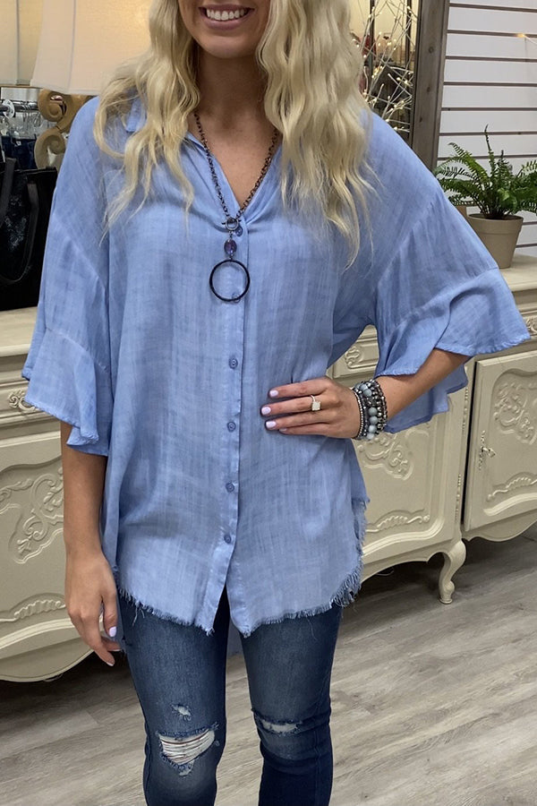 Washed Distressed Brushed Ruffle Sleeve Shirt