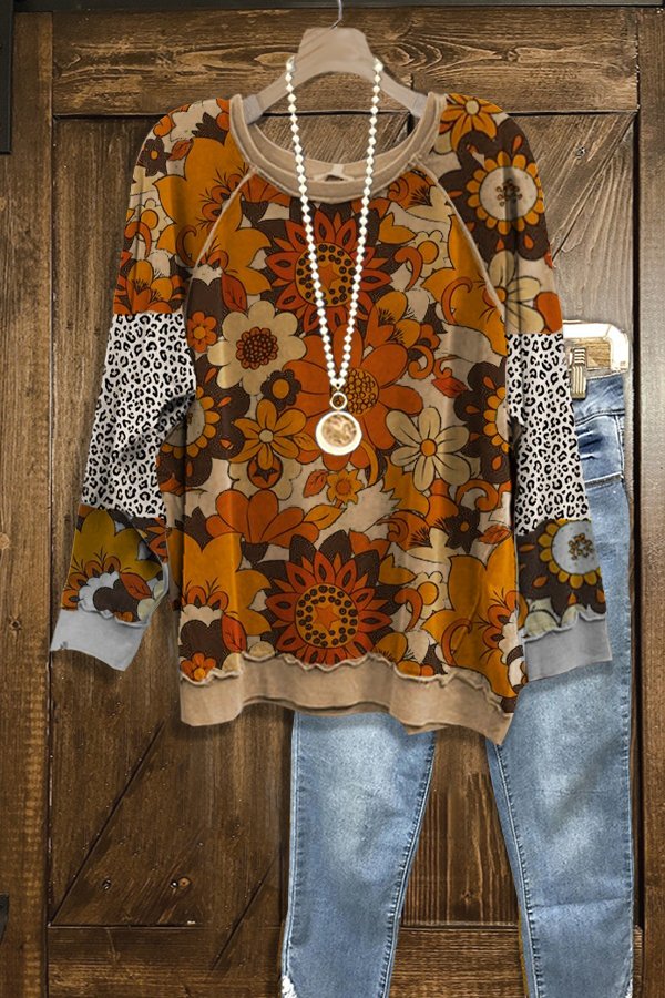 Vintage Floral Print Panel Leopard Sleeve Sweatshirt