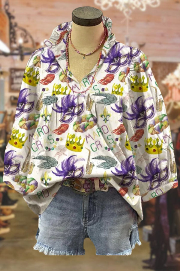 Mardi Gras Print Bubble Sleeve Top