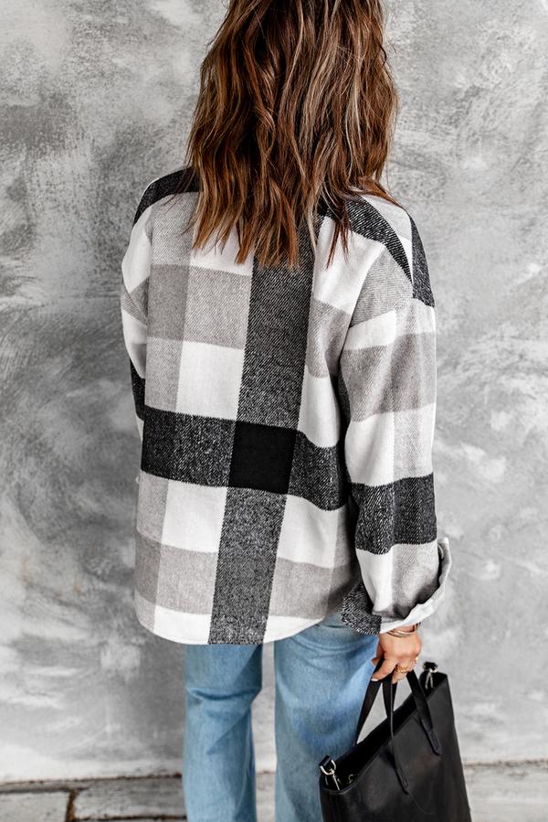 Plaid Color Block Buttoned Long Sleeve Jacket with Pocket