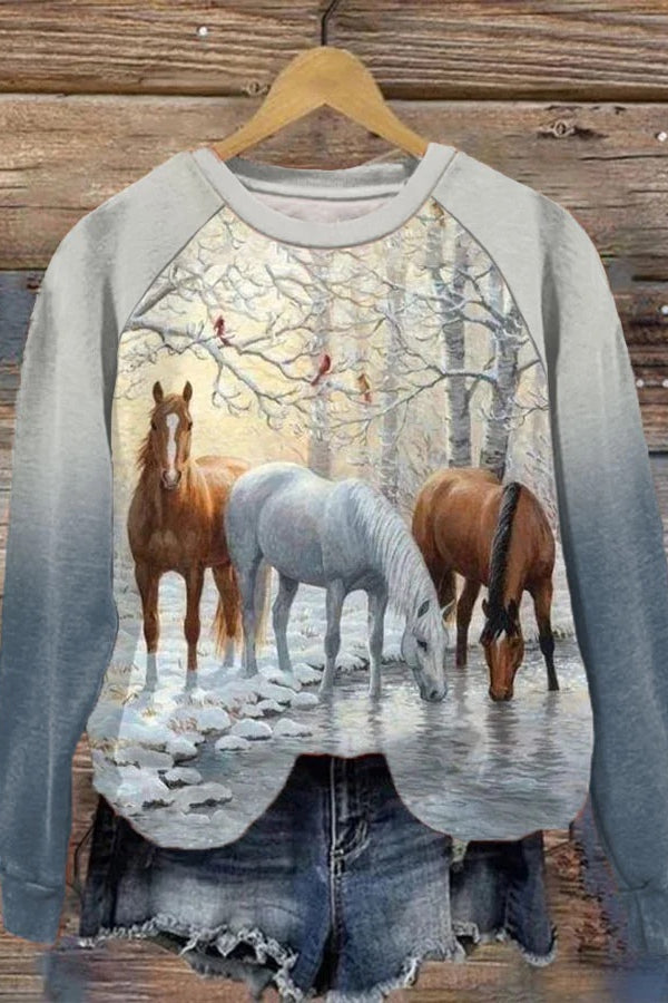 Women's Winter Western Oil Painting Horse Print Sweatshirt