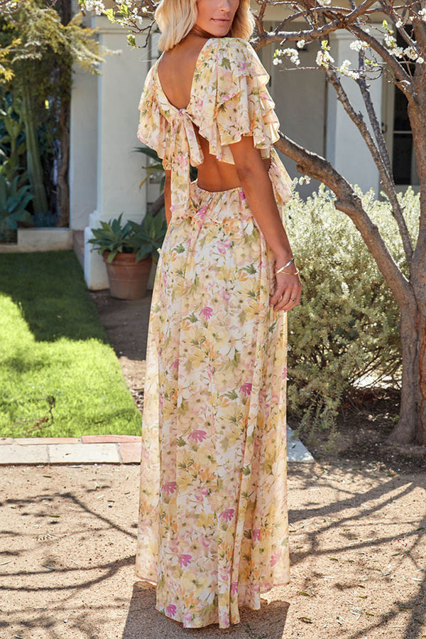 Dunes And Blooms Floral Ruffle Cutout Maxi Dress