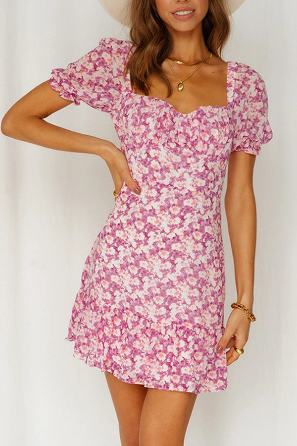 Square Neck Short Sleeve Small Floral Sexy Slim Dress