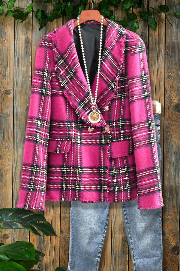 Vintage Plaid Frayed Button Coat