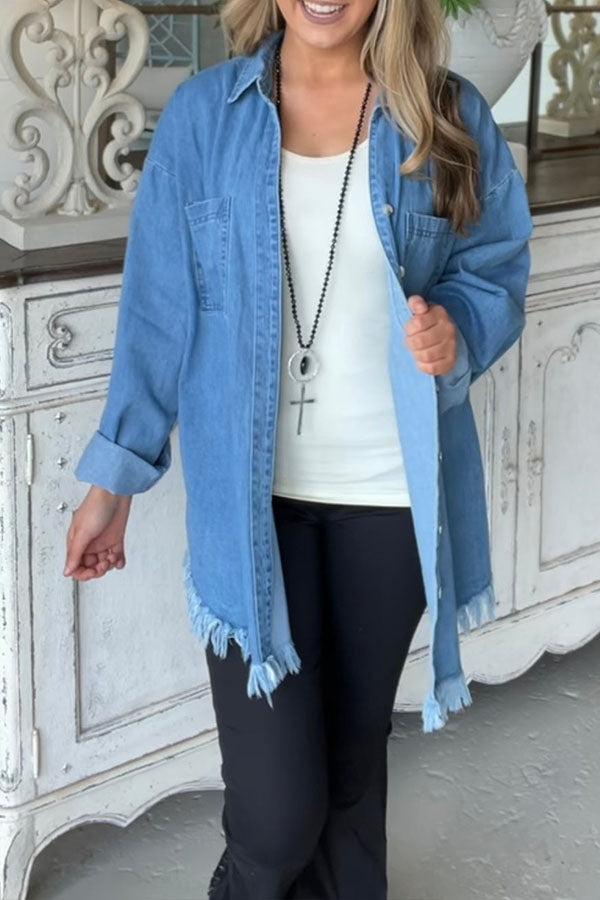 Sleek Frayed Hem Denim Jacket