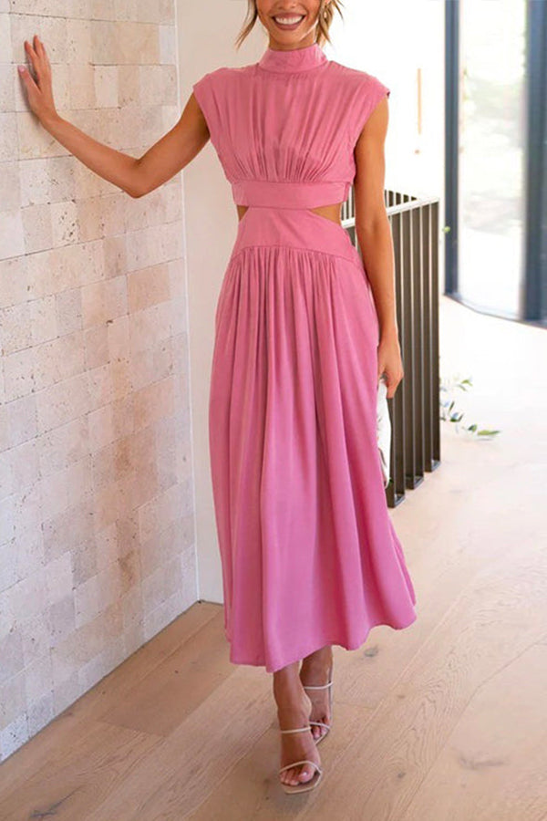 Solid Mockneck Cut Out Maxi A-line Swing Dress