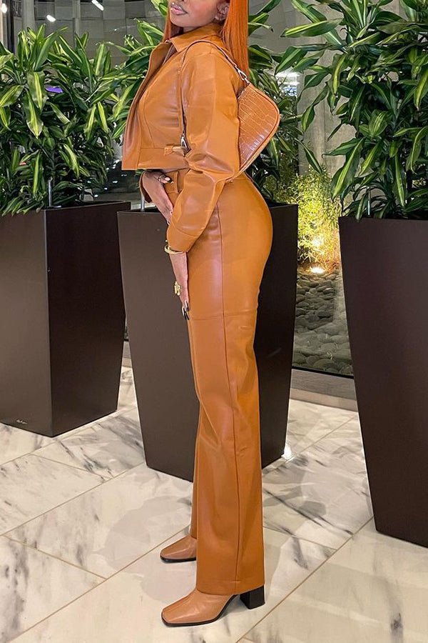 Fashion Lapel Zipper Artificial PU Solid Color Pant Suits