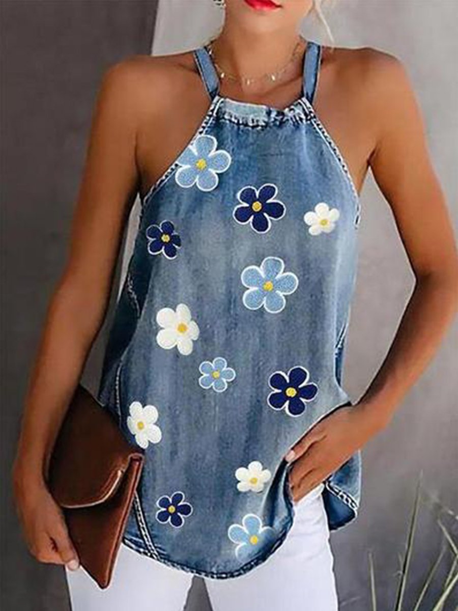 Halter Neck Daisy Print Loose Denim Camisole