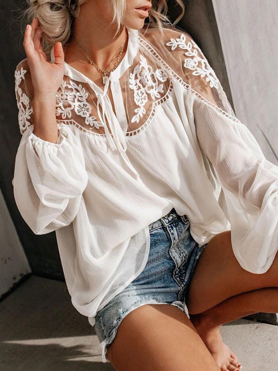 Solid Long Sleeve Lace Stiching Loose Chiffon Blouse