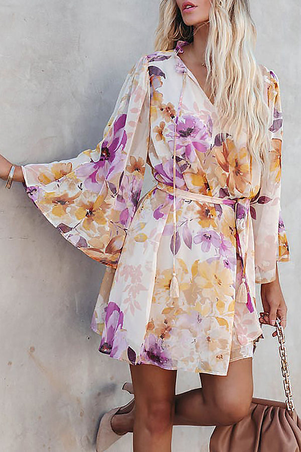 Floral V-Neck Long-Sleeve Open-Back Lace-Up Mini Dress