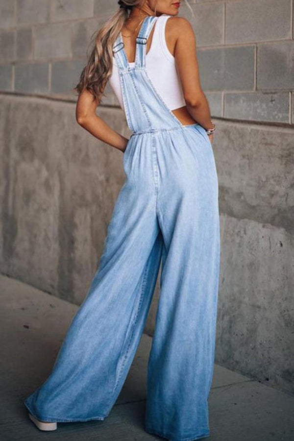 Fashion Casual Solid Pocket Spaghetti Strap Loose Jumpsuits