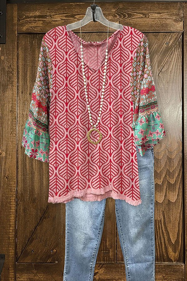 Casual Graphic-print Paneled Frayed V-neck Top