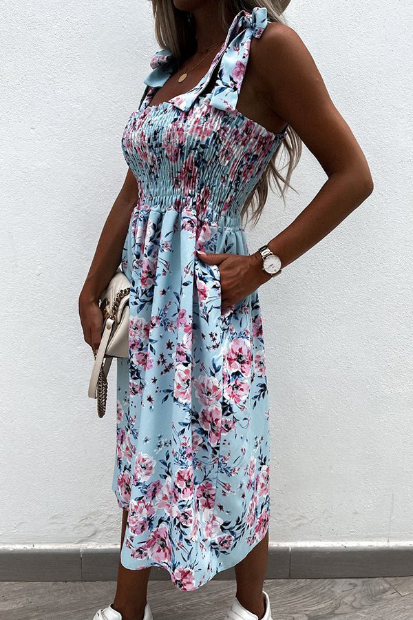 Floral Print Sexy Sling Pocket Midi Dress