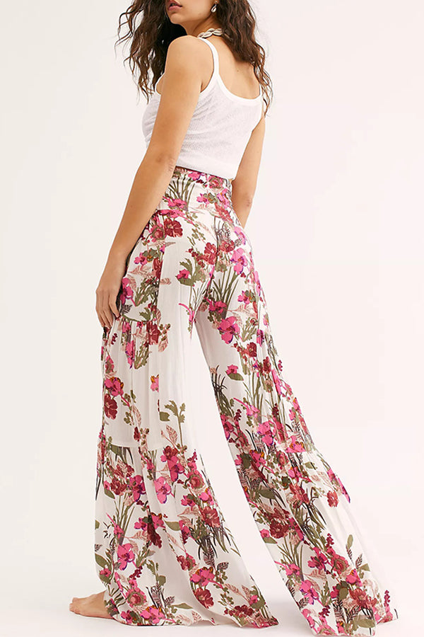 Printed Women's Loose Beach Wide Leg Lace-up Trousers