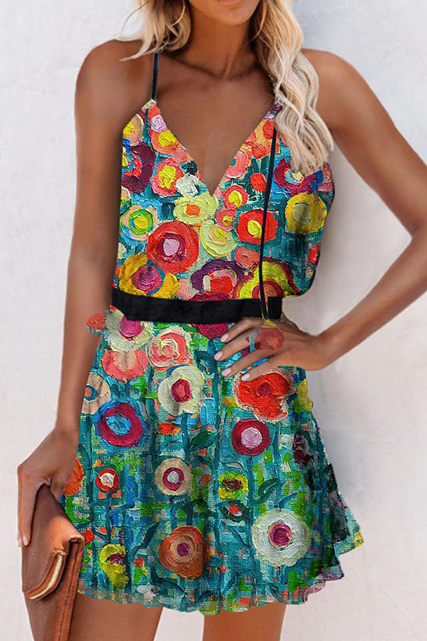 Fashion V-neck Sling Print Mini Dress