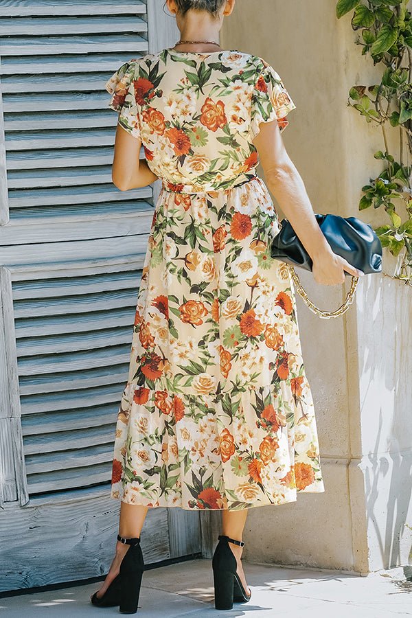 V-neck Floral Print Chiffon Long Dress