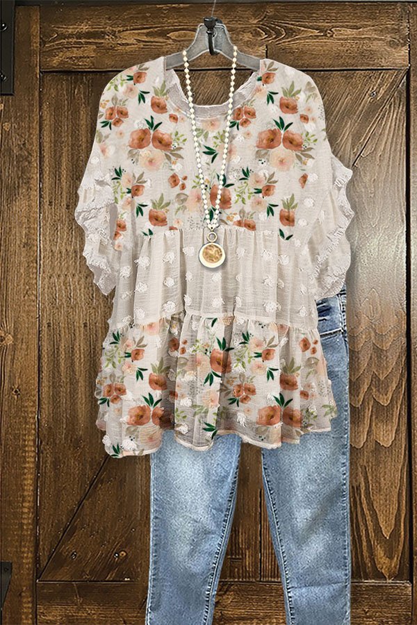 Chiffon Flower Print Paneled Ruffled Top