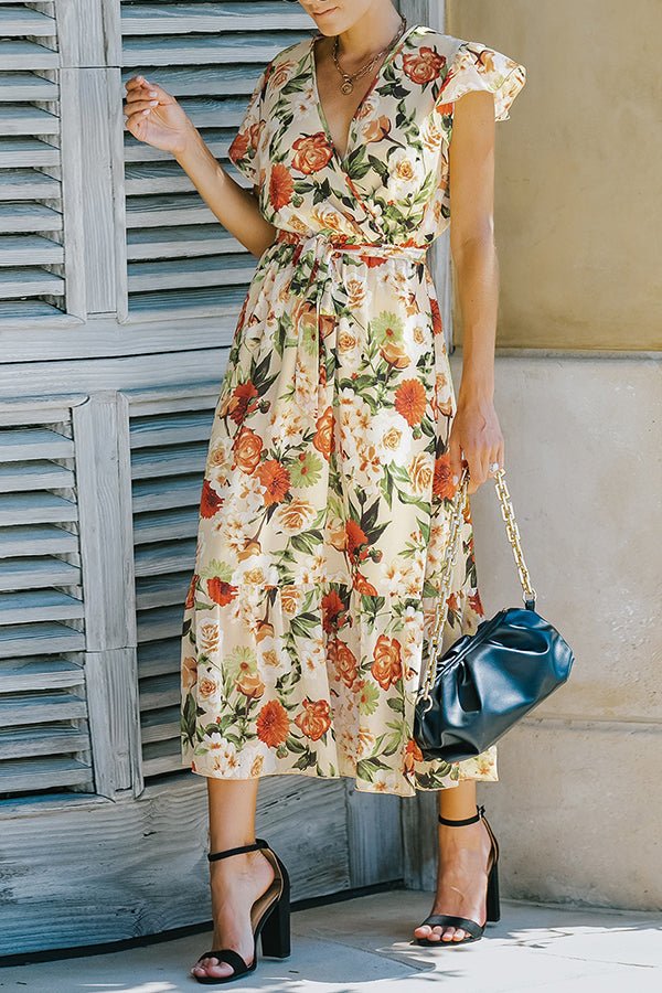 V-neck Floral Print Chiffon Long Dress