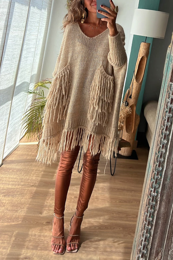 Coming with You Knit Tassel Trim Pocketed Loose Sweater