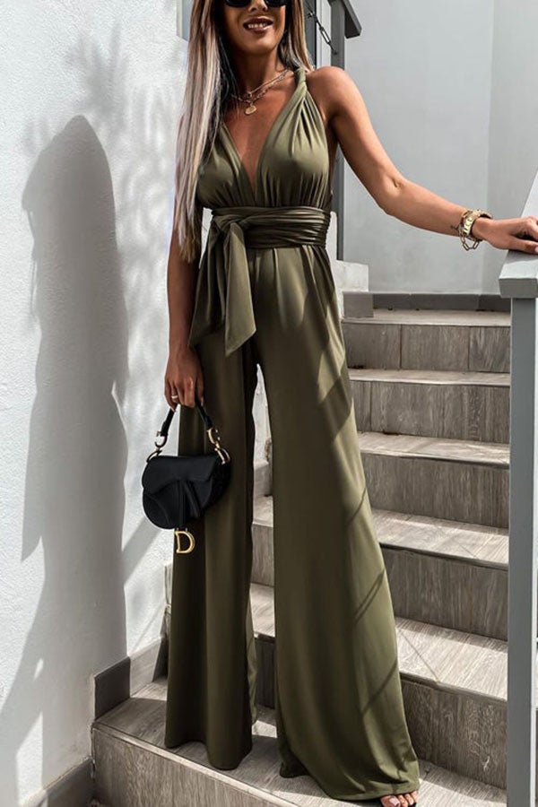 Solid Color Slim V Neck Lace Up Sleeveless Jumpsuit