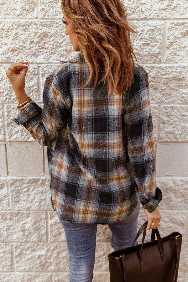 Oversize Rounded Hem Plaid Shirt with Slits