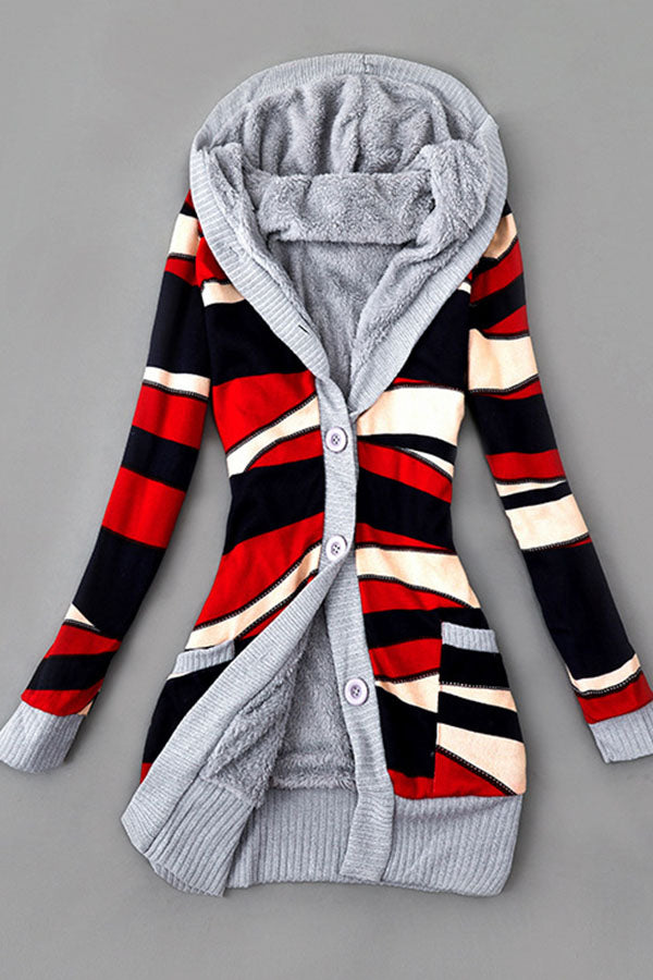 Printed Hooded Fleece-Lined Sweater Jacket