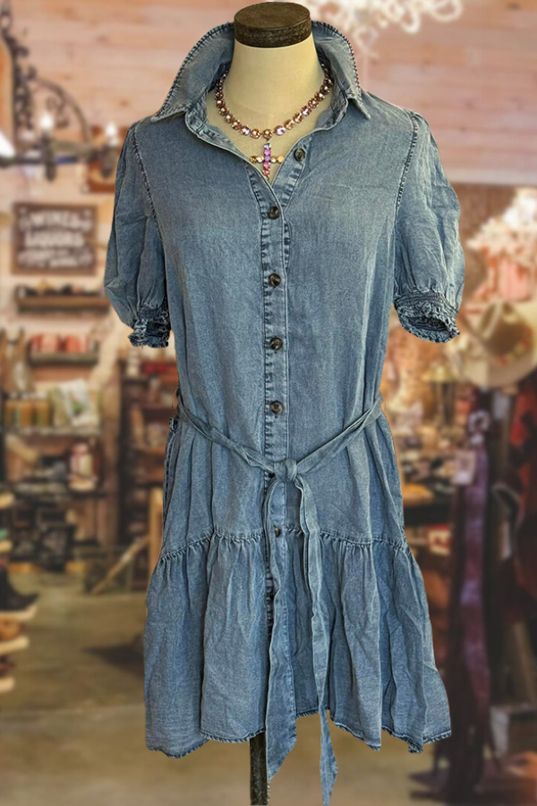 Distressed Puff Sleeve Denim Dress