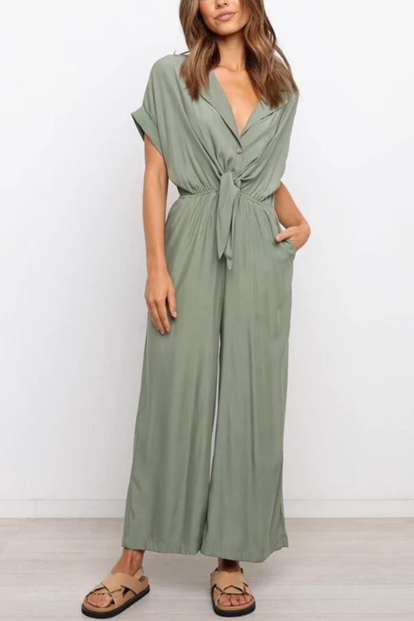 Houston Pocketed Button Down Tie Jumpsuit