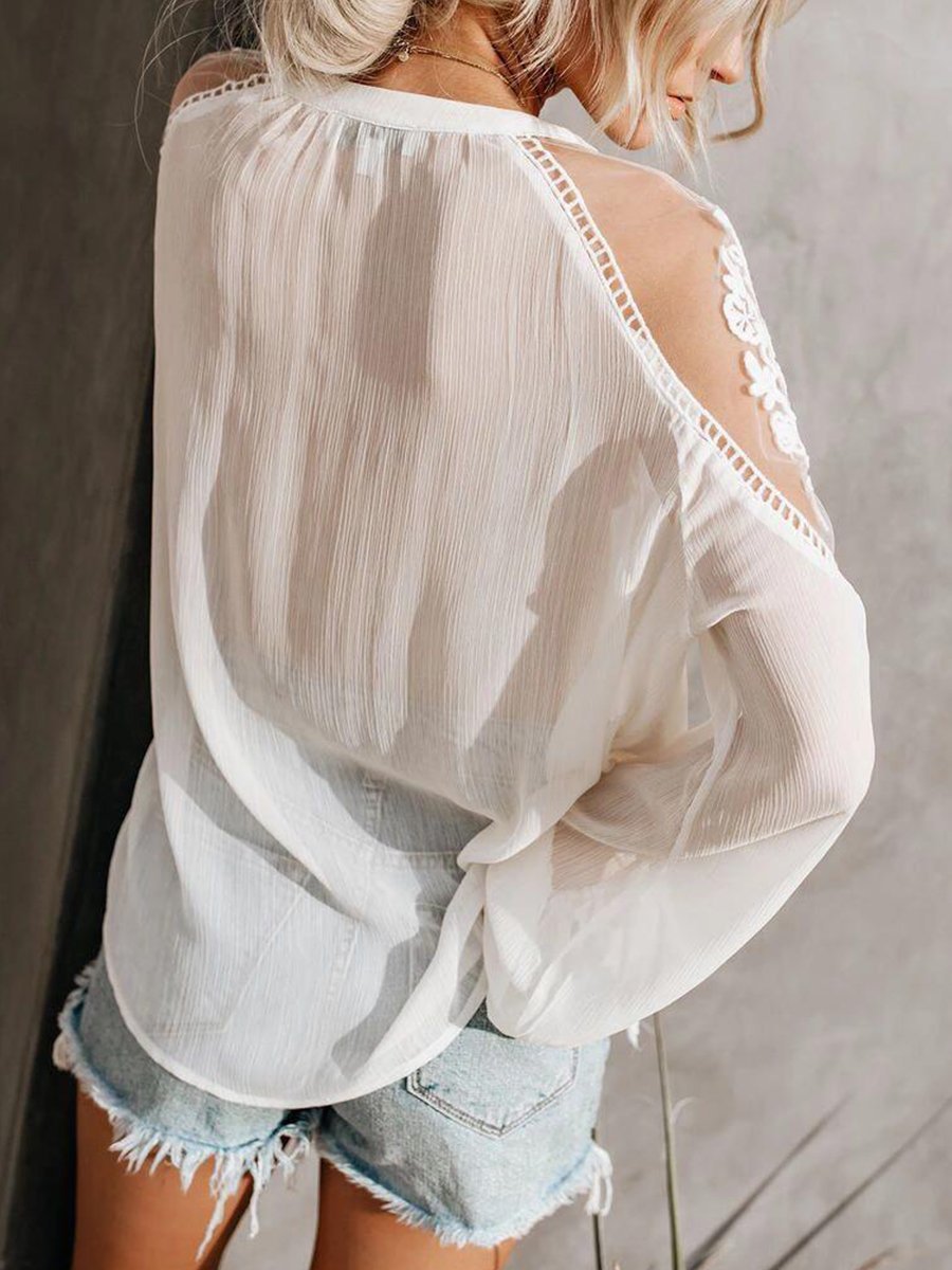 Solid Long Sleeve Lace Stiching Loose Chiffon Blouse