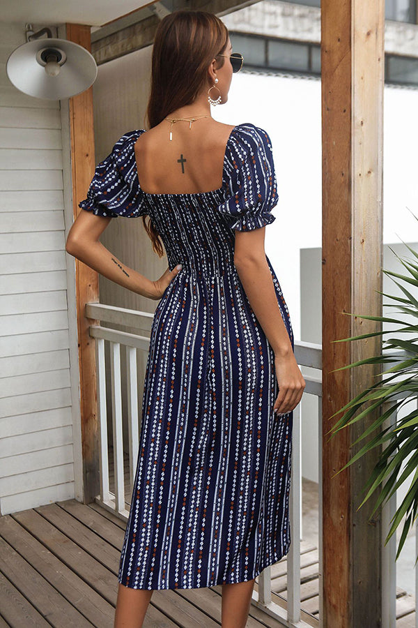 Grey Blue Summer New Print Bubble Sleeve Dress