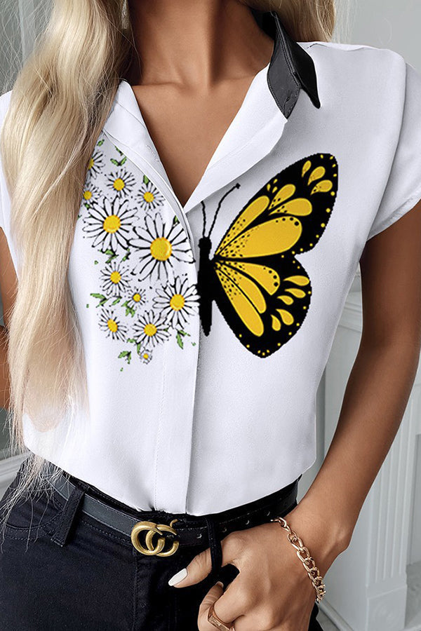 Fashion Print Lapel Cardigan Button Short Sleeve Shirt Top