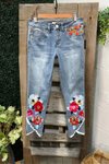 Floral Print Irregular Frayed Jeans