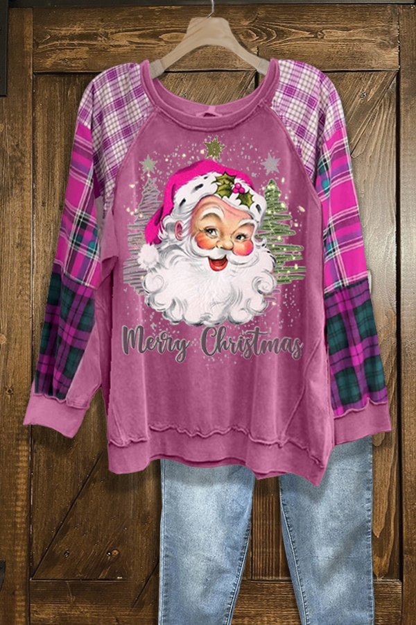 Casual Plaid Paneled Christmas Print Sweatshirt