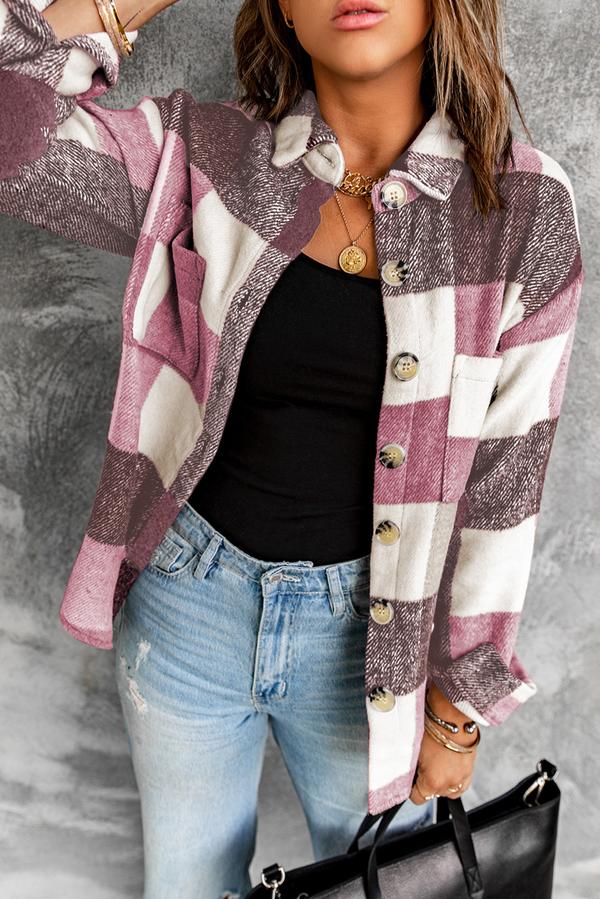 Plaid Color Block Buttoned Long Sleeve Jacket with Pocket