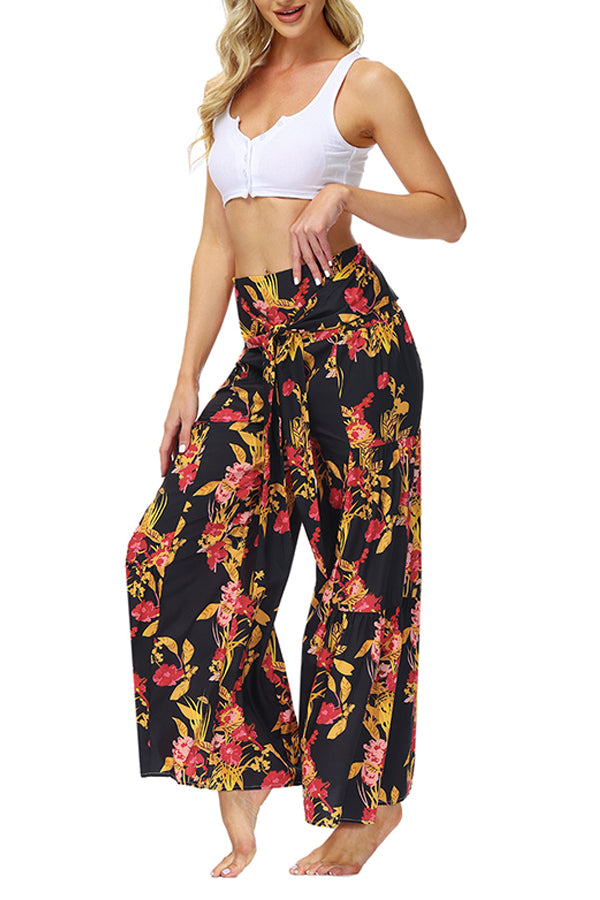 Printed Women's Loose Beach Wide Leg Lace-up Trousers