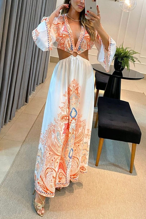 Endearing Melody Paisley Print Cutout Waist Maxi Dress