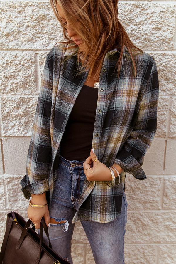 Oversize Rounded Hem Plaid Shirt with Slits