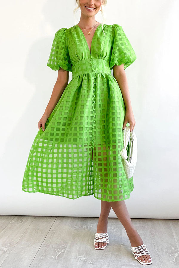 Remarkable Beauty Square Patterned Fabric Puff Sleeve Midi Dress